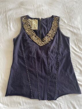 Embellished V-Neck Navy Sleeveless Top